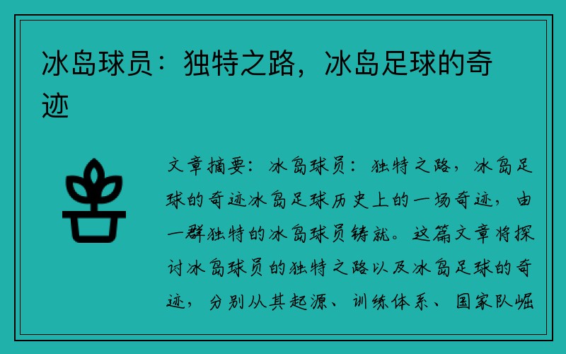 冰岛球员：独特之路，冰岛足球的奇迹